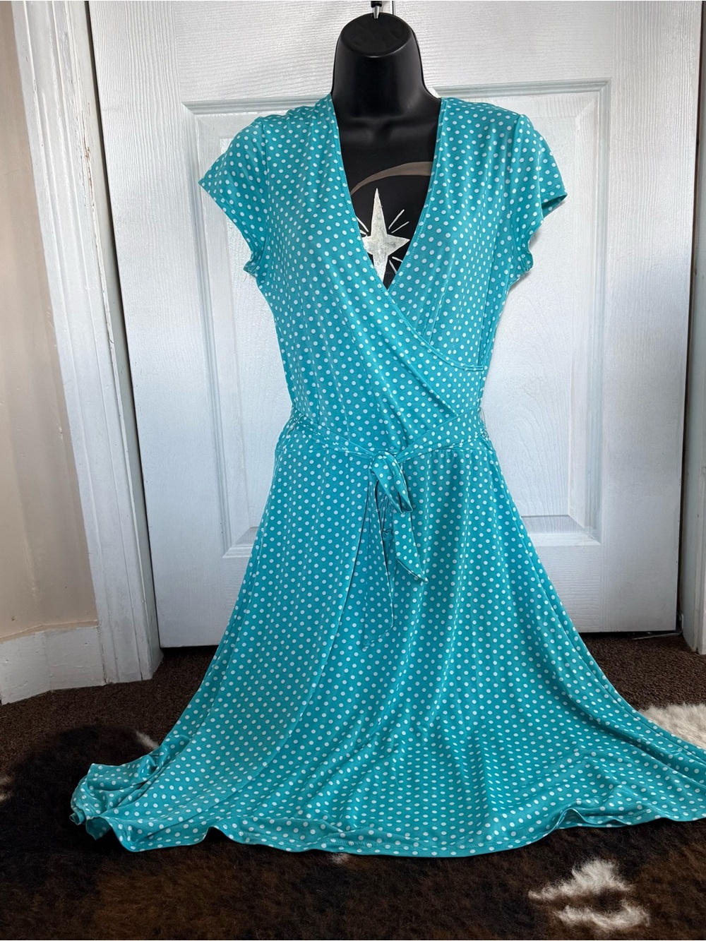 Leota Turquoise Polka Dot Wrap Midi Dress